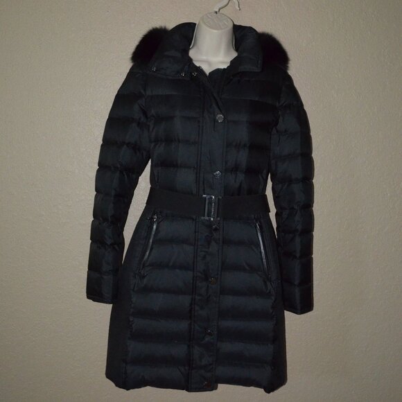 $1695 Sz S Burberry London Black Abbeydale Fur-Trimmed Hooded Belted Puffer Coat - Picture 1 of 12